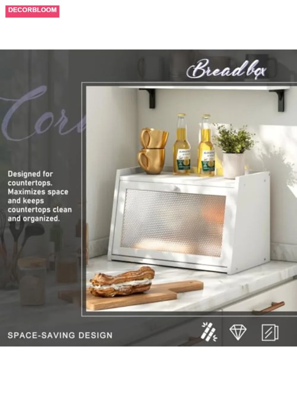 Large Farmhouse Bread Box with Wavy Window - Bamboo Wood Kitchen Countertop